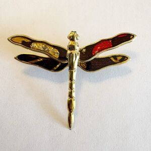 Dragonfly Brooch Pin Gold Tone Black Red Enamel